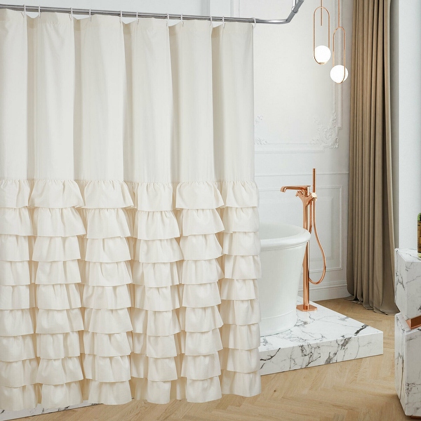 Polyester Farmhouse Style White Ruffle Shower Curtain 72
