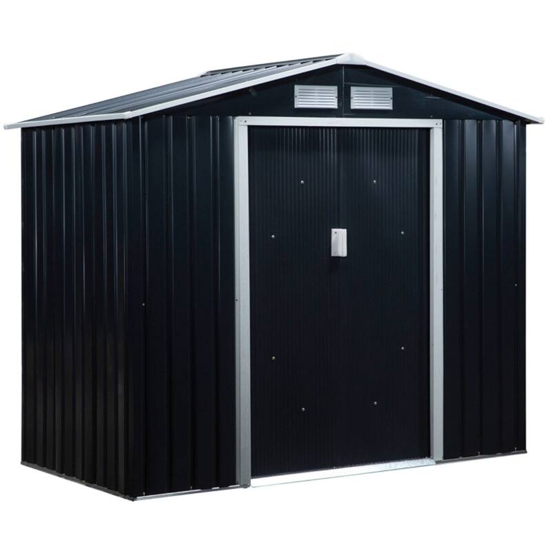 Dark Grey Galvanized Steel Outdoor Storage Shed with Sliding Doors and Vents - 83.75” W x 51.25” D x 72.75” H - Dark Grey