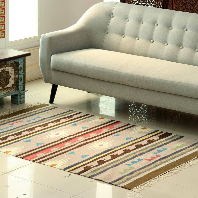 Handmade Geometric Rainbow Wool area rug (India) - Big