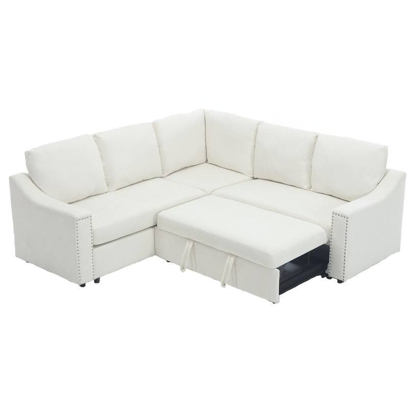 Beige 81.5'' L-Shaped 5-Seat Sectional Sofa with Pull-Out Bed and 6 Cushions, Multifunctional Corner Couch for Living Area