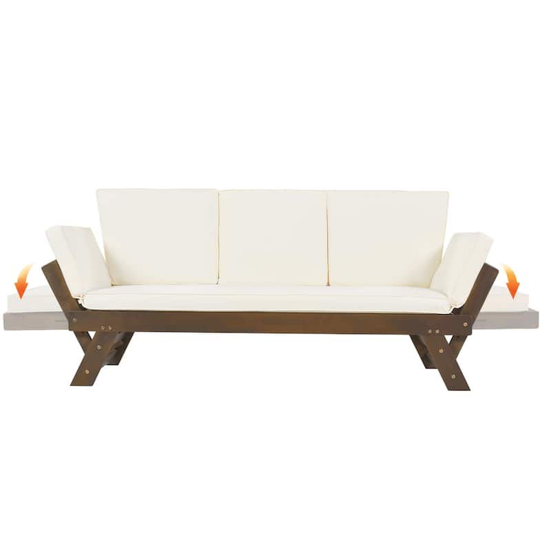 Outdoor Patio Solid Wood Daybed Sofa with Adjustable Armrests
