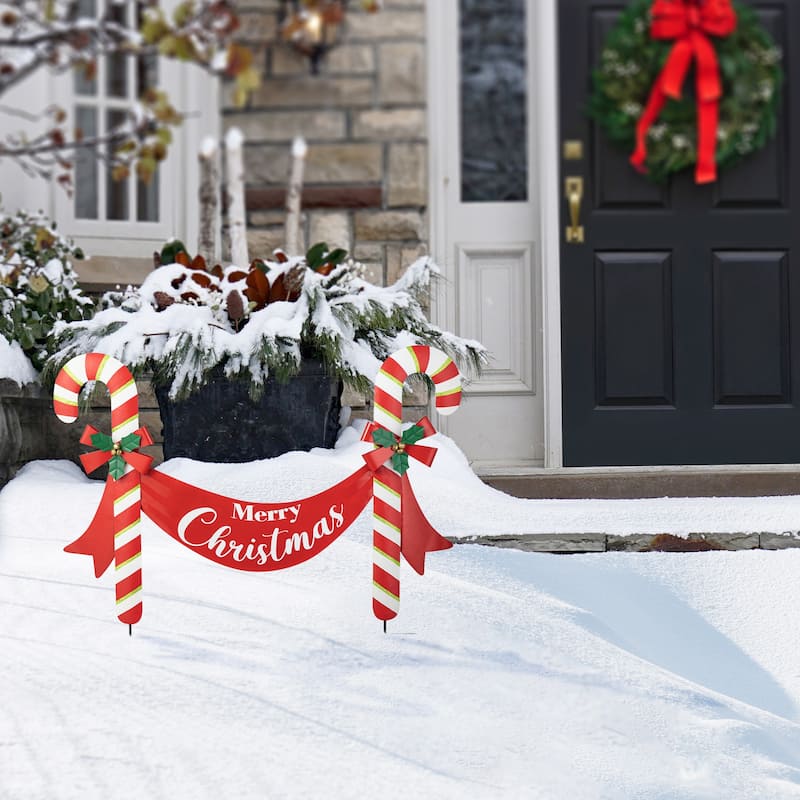 Glitzhome 30"H Metal Merry Christmas Candy Cane Yard Stake Wall Decor
