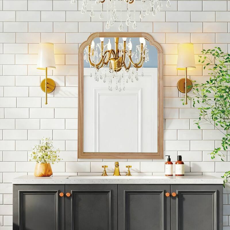 20" x 30" Solid Wood Frame Rounded Corner Decorative Mirror, For Bedroom, Bathroom, Living Room, Entryway - Natural Wood