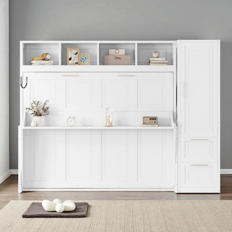 Queen Size Murphy Wall Bed with Closet and Drawers, Space Saving Foldable Bed with Storage Cabinet and Wardrobe