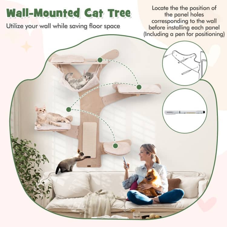 Wall-Mounted Cat Tower with Hammock Platforms and Sisal Scratching Mat - 5th Platform: 16.5" x 14.5" (L x W)