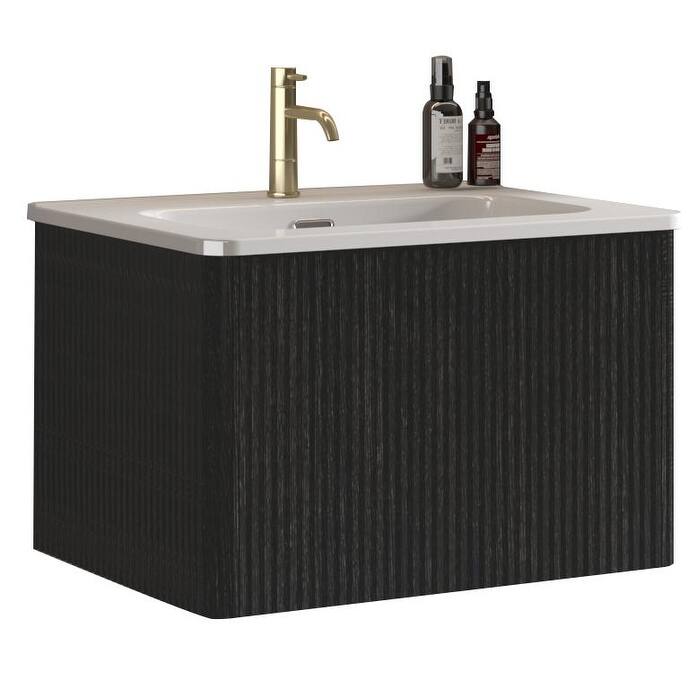 36" Etna Floating Vanity with White Ceramic Sink, Striped Black Oak Texture, Curved Edges