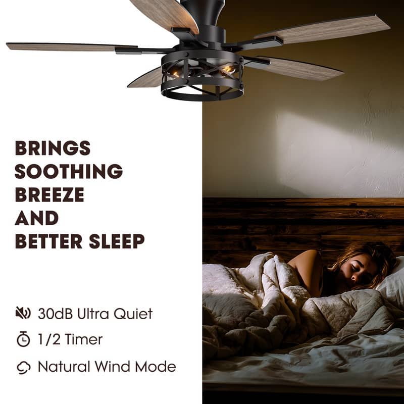 52 Inch Farmhouse Ceiling Fan with Light and Remote Black Industrial Caged Ceiling Fans for Living room - 52 in.