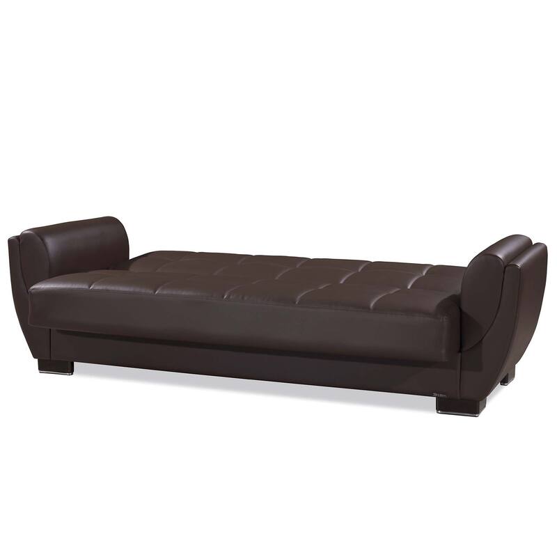 HomeRoots 93" Brown Faux Leather Convertible Futon Sleeper Sofa And Toss Pillows With Storage