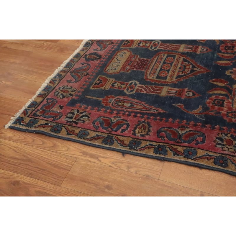 Hand Knotted Oriental 100% Wool Carpet Traditional Floral Navy Blue & Blues Kashan Area Rug - 5' 11'' X 2' 7''