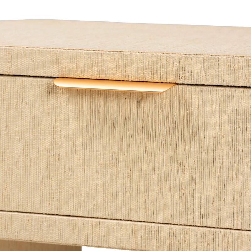 Beauford Grasscloth 1-Drawer Nightstand with Open Shelf - Woven Texture Bedside Table with Rounded Corners and Gold Handle