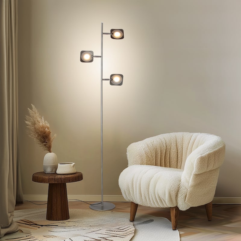 Brightech Tree 60 in. Platinum Silver Industrial 3-Light 3-Way Dimming LED Floor Lamp with 3 Adjustable Spot Lights