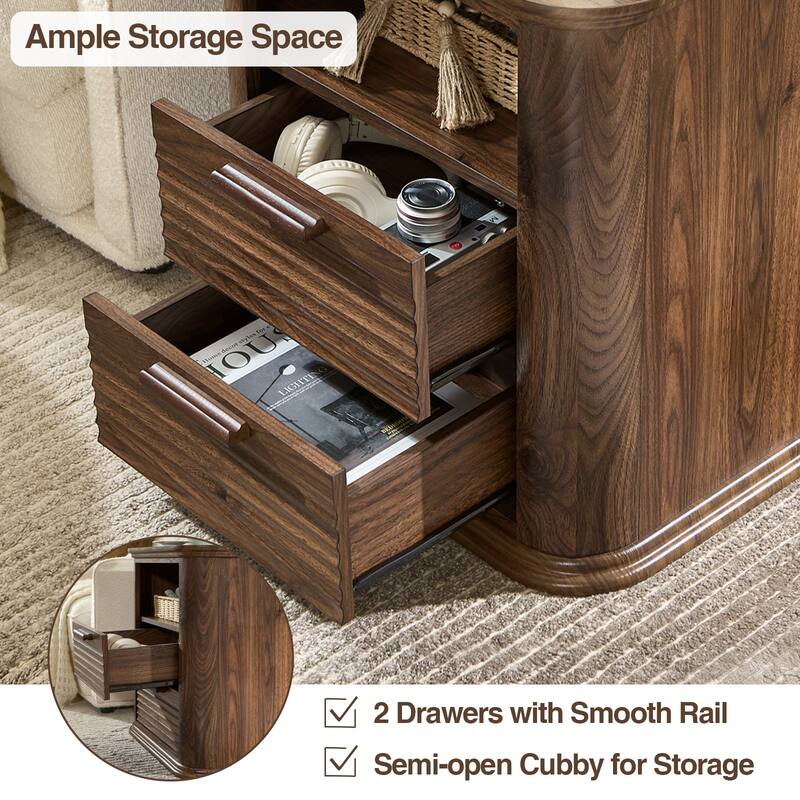22" Fluted Night Stand with Charging Station, End Table with 2 Drawers & Open Storage, Side Tables Curved Profile Design