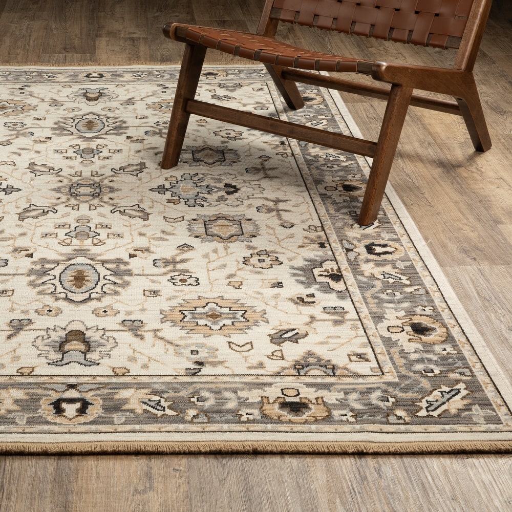 Adelaide Traditional Bordered Beige/ Grey Wool Blend Area Rug-