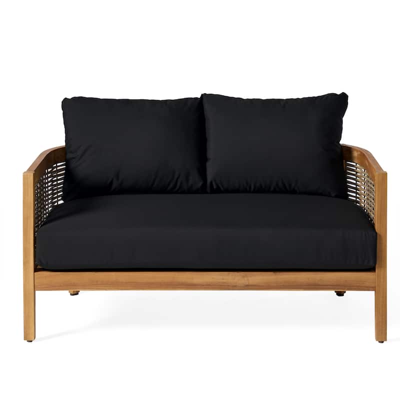 Burchett Outdoor Acacia Wood and Wicker 4 Seater Chat Set with Optional Sunbrella Cushions by Christopher Knight Home