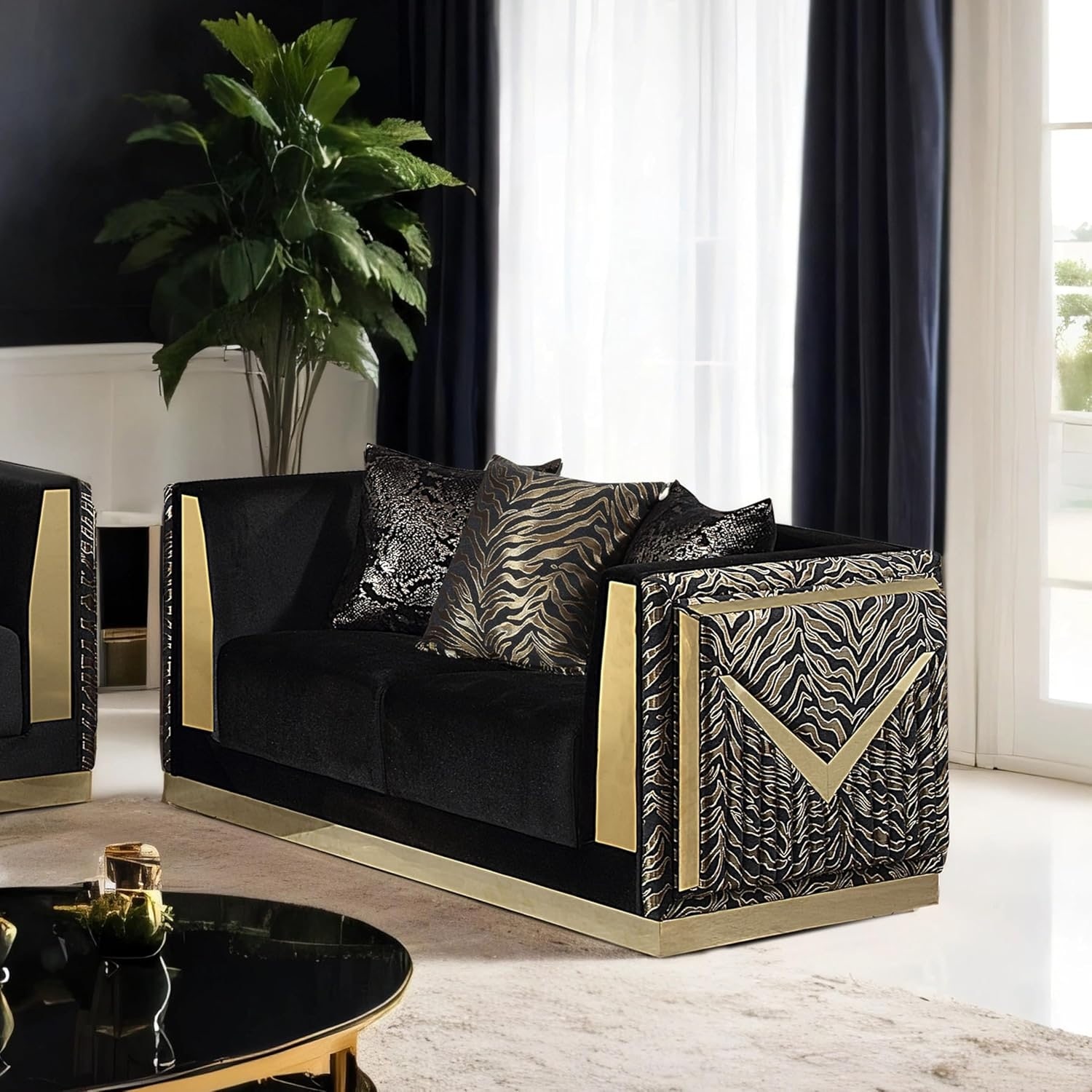Glam 1pc Black Finish Tight Back Stainless Steel Base Loveseat