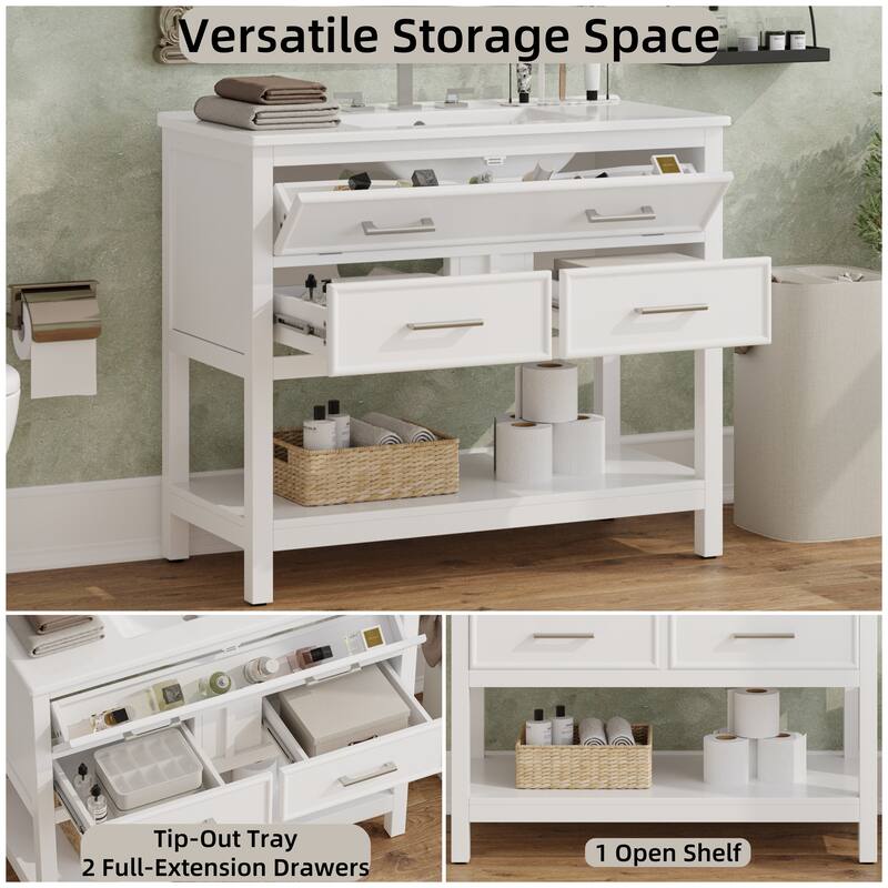 36" Contemporary Bathroom Vanity with Ceramic Sink - Tip-Out Tray + 2 Full-Extension Drawers