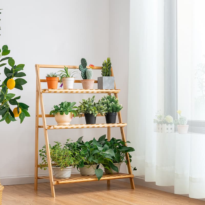Costway 3 Tier Outdoor Bamboo Flower Pot Shelf Stand Folding Display - Brown