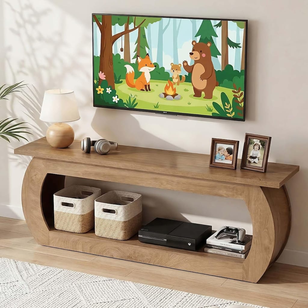 TV Stand for 55/60/65/75 Inch TV, 63" Farmhouse Wooden Entertainment Center with Storage - 63" W x 13.78" D x 23.62" H