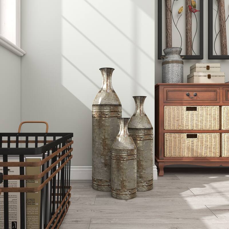 Gray Metal Handmade Tall Galvanized Floor Decorative Vase with Studs (Set of 3)