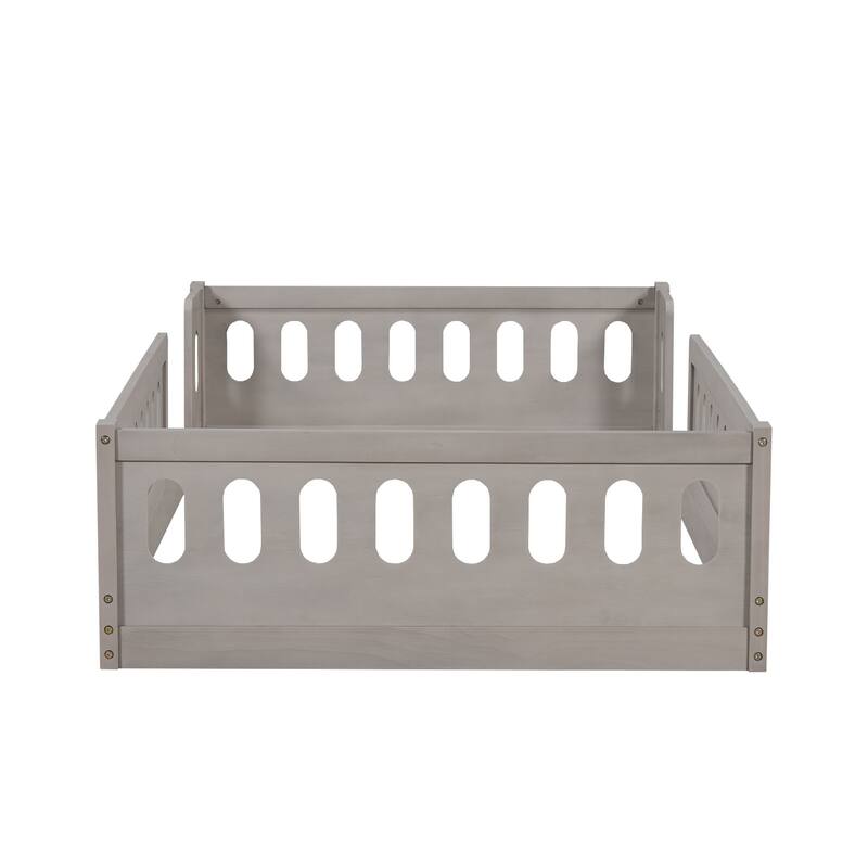 Kids Wood Floor Bed with Semi-Enclosed Guardrail and No-Slat Design