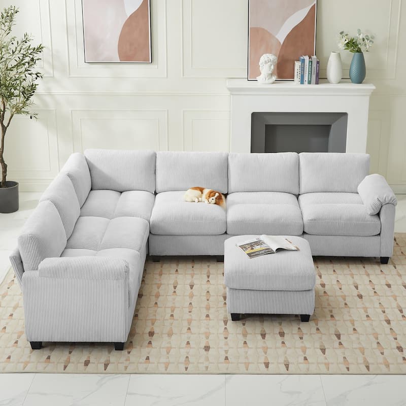 Corduroy Corner Sectional Sofas with a Removable Ottoman, L-shaped Reversible 7-seat Modular Couch