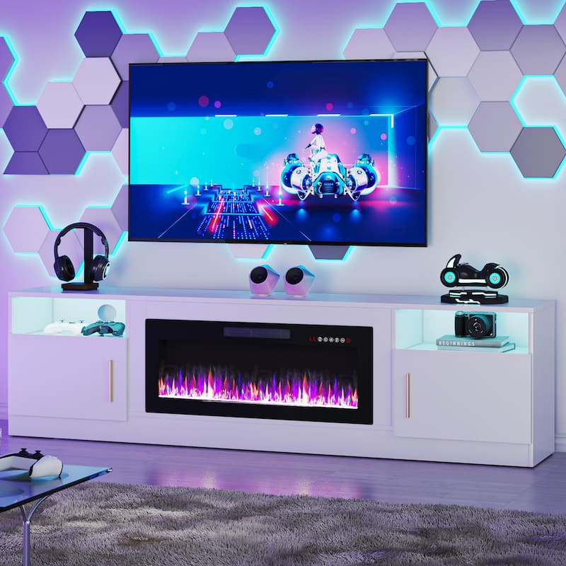 Bossin 80" Fireplace TV Stand with 36" Electric Fireplace, TV Stand for TVs Up to 90", 16 Colors LED Lights/Entertainment Center - White
