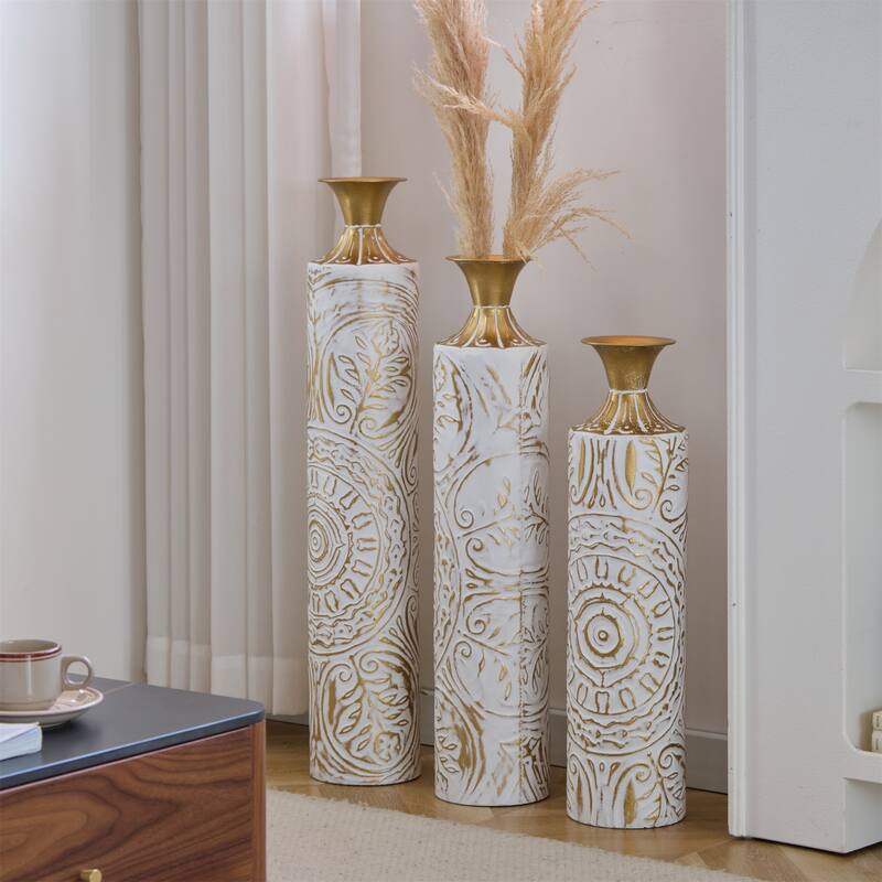 Decorated Floor Glazed Metal Vases (Set of 3)