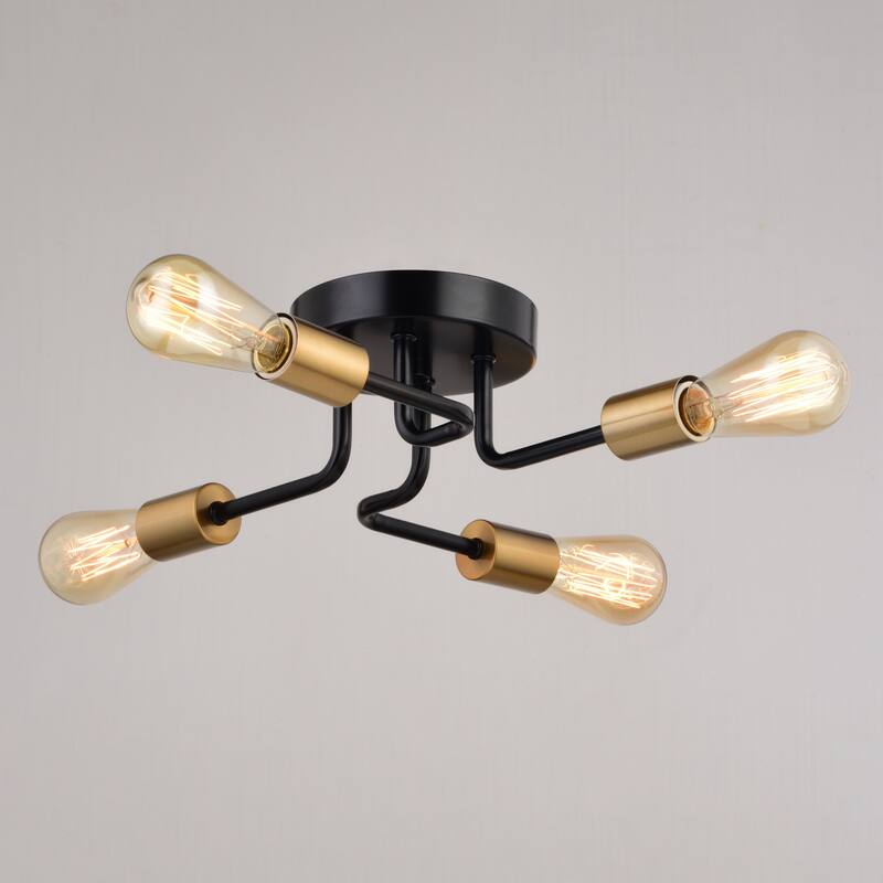 Rhine 15.75-in W LED Compatible Matte Black and Gold Brass Industrial Semi Flush Mount Ceiling Light Exposed Bulbs