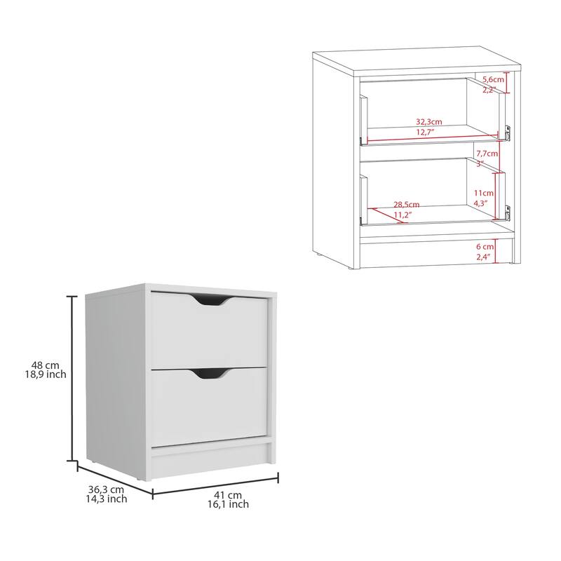 2-Drawer Nightstand with Pull-Out System, White - Compact and Durable