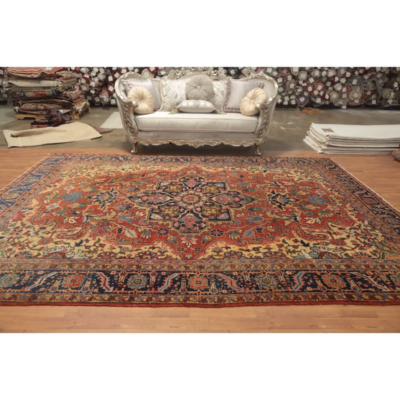 Hand Knotted Oriental 100% Wool Carpet Traditional Floral Oranges & Rust Heriz (serapi) Area Rug - 12' 0'' X 9' 7''