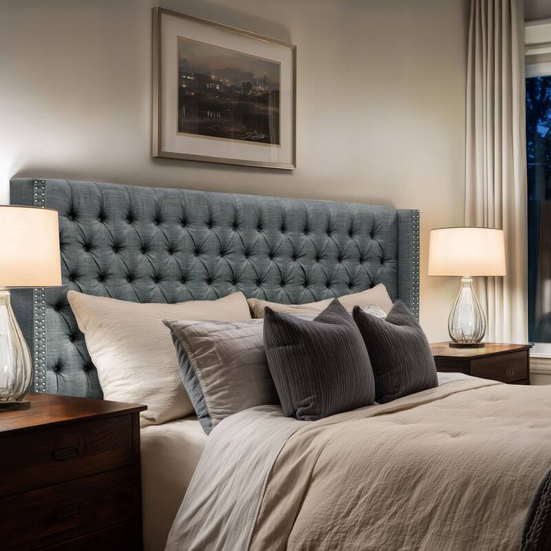 Madison Park Baldwin Upholstered Wingback Headboard with Button Tufting & Nailhead Trim