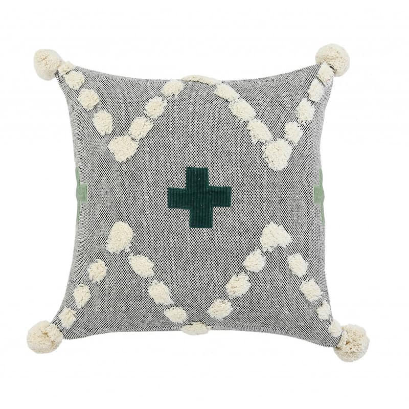 HomeRoots 20" X 20" Black Off-White And Green 100% Cotton Geometric Zippered Pillow