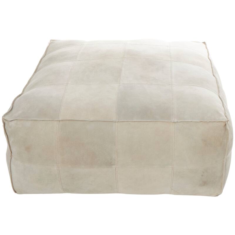 Gray Leather Low Profile Square Pouf with Patchwork Design