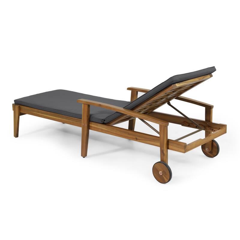Roomfitters Jason Acacia Wood Outdoor Chaise Lounge with Cushion, Adjustable Recline