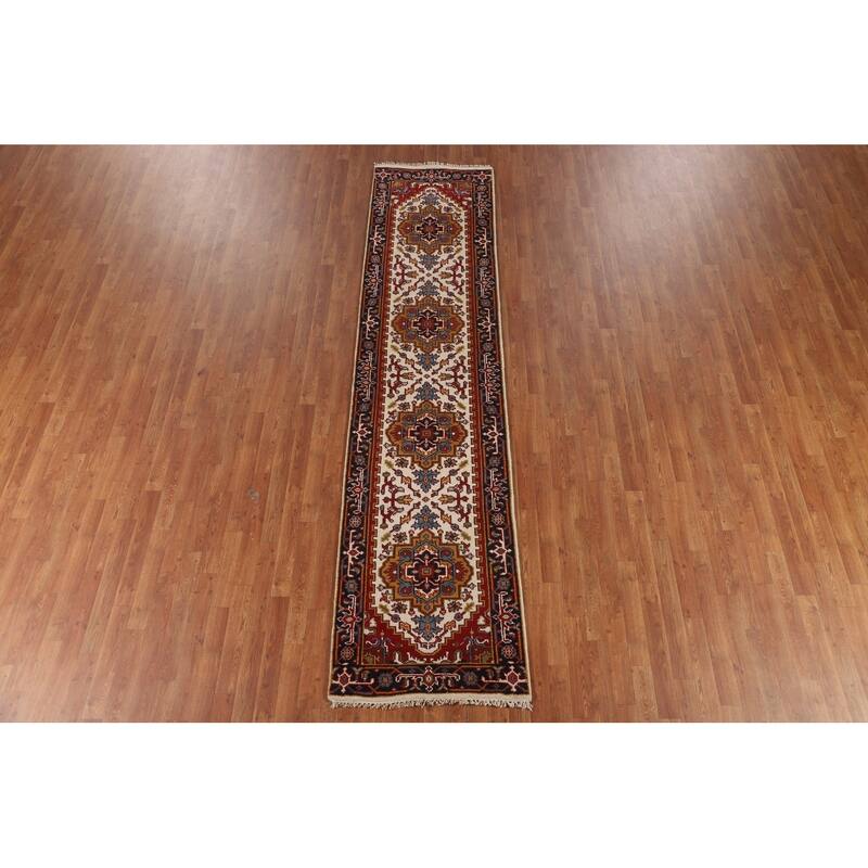 Ivory Geometric Heriz Serapi Oriental Runner Rug Handmade Wool Carpet - 2'7"x 10'10"