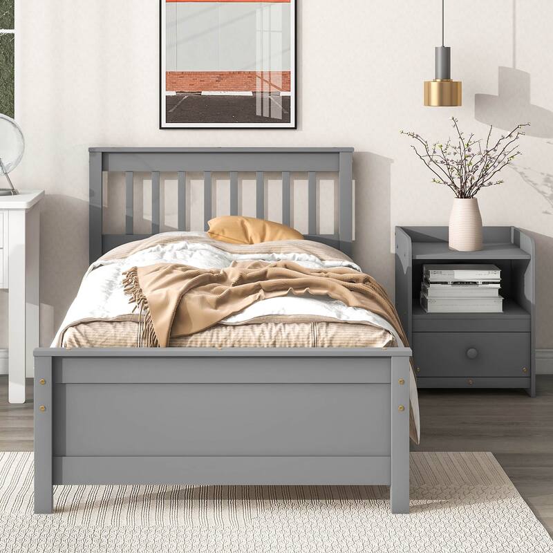 Nestfair Twin Bed with Headboard and Footboard,with a Nightstand