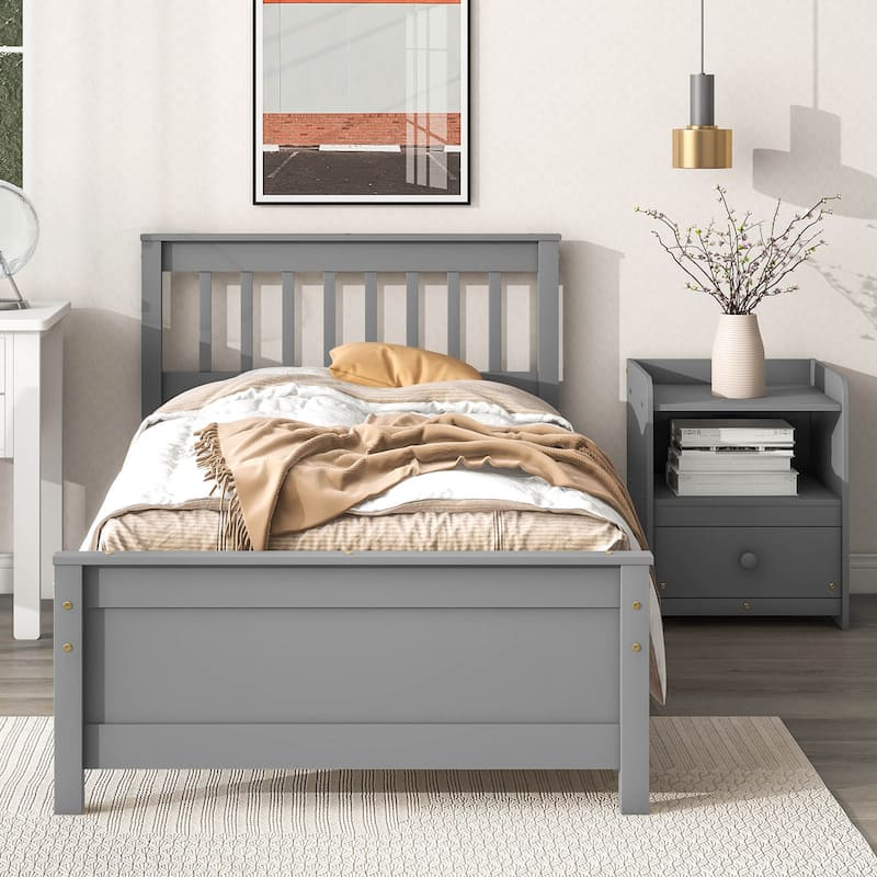 Twin Size Twin Size Wooden Platform Bed with Headboard and Footboard