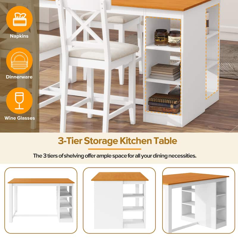 60"x30" Solid Wood Farmhouse 5-Piece Dining Set with Storage Shelves & Counter-Height Table, 4 Upholstered Chairs