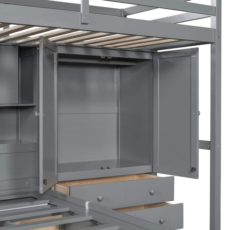 Twin Bunk Bed w/ Drawers, Wardrobe, Storage Shelves and Hydraulic Bed