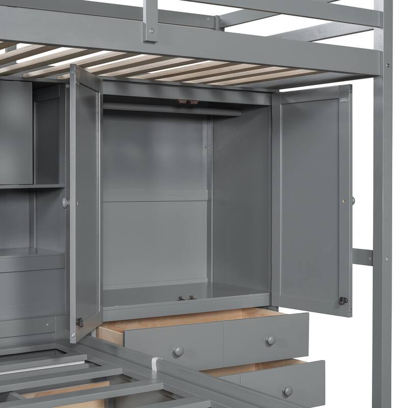 Twin over Twin Wooden Bunk Bed with Built-In Wardrobe Design and 6 Drawers,Hydraulic Lift Storage Bed