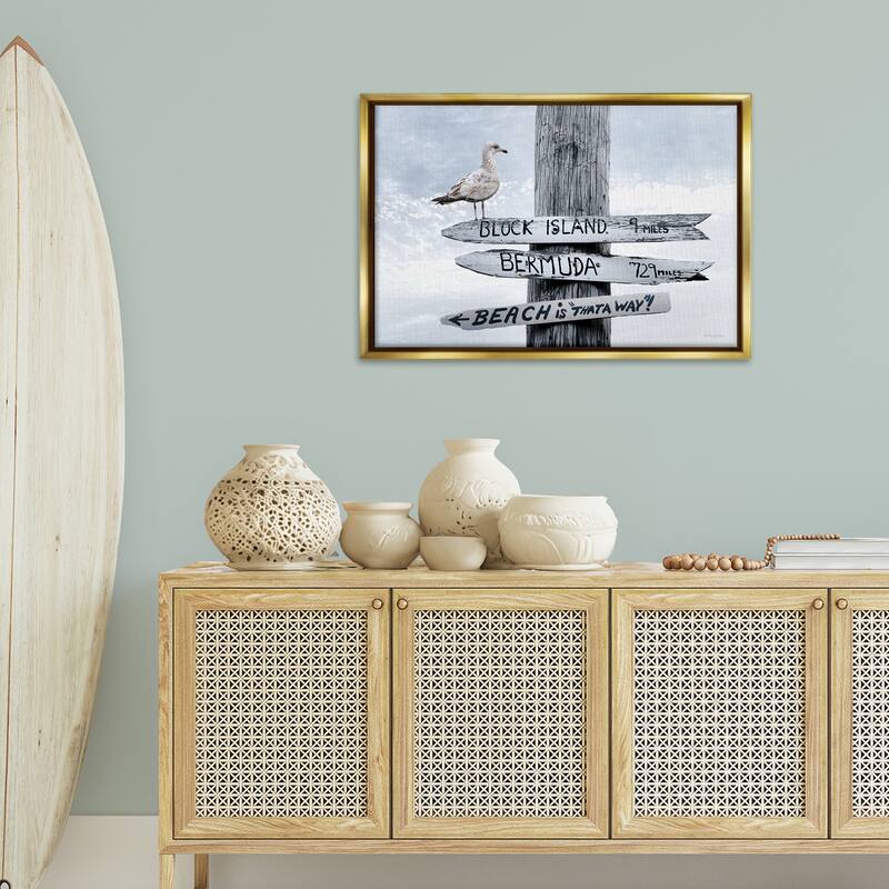 Stupell Vacation Beach Signs with Seagull Framed Floater Canvas Wall Art Design By Robin-Lee Viera