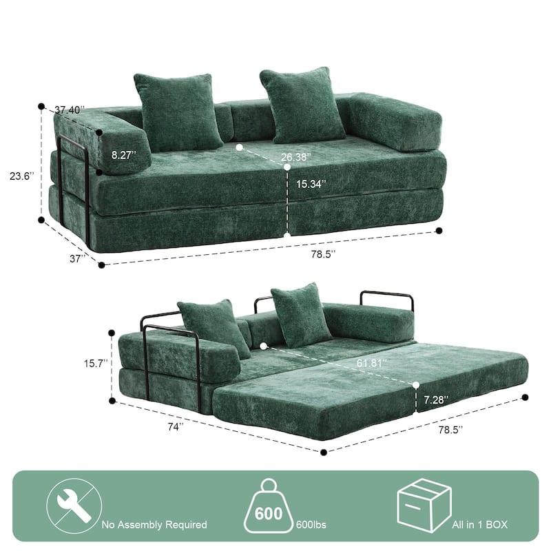 Convertible Flannel Fabric Futon Sofa Sleeper Couch Bed with Sponge Padding for Living Room - 76.77”L x 37.4”W x 23.62”H