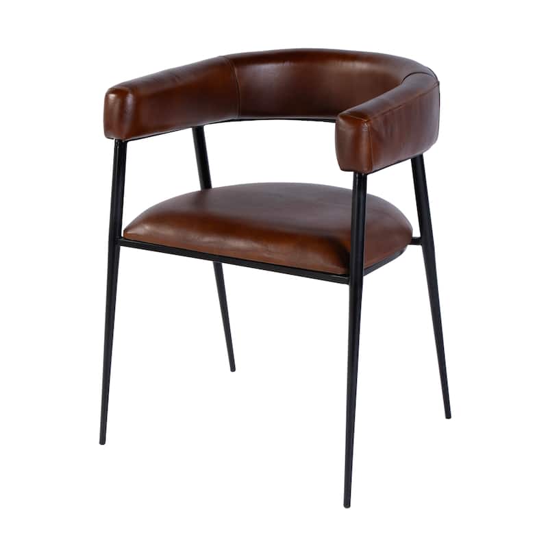 Dallas 19.5 in. Seat Height Leather and Iron Cushioned Dining Chair with Arms - Brown Leather