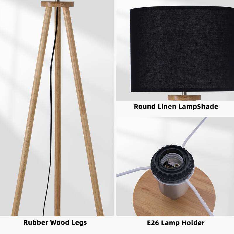 61 in. Traditional Tripod Floor Lamp with Rubberwood Base and Linen Drum Shade for Bedroom, Living Room, Dining Room