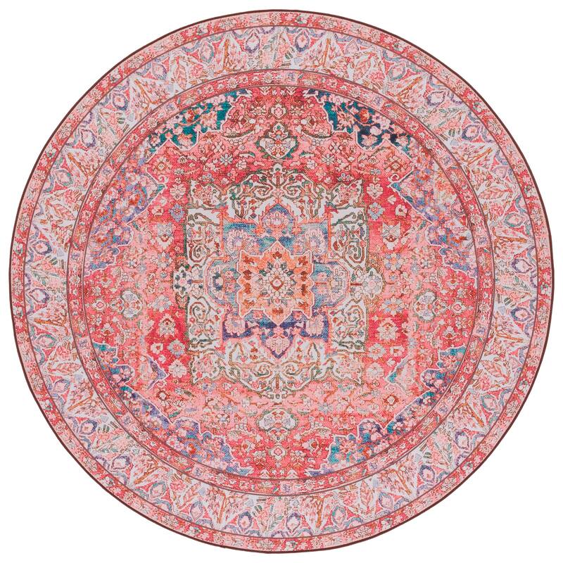 SAFAVIEH Tucson Machine Washable Slip Resistant Fedra Oriental Medallion - 6' x 6' Round - Rose/Beige