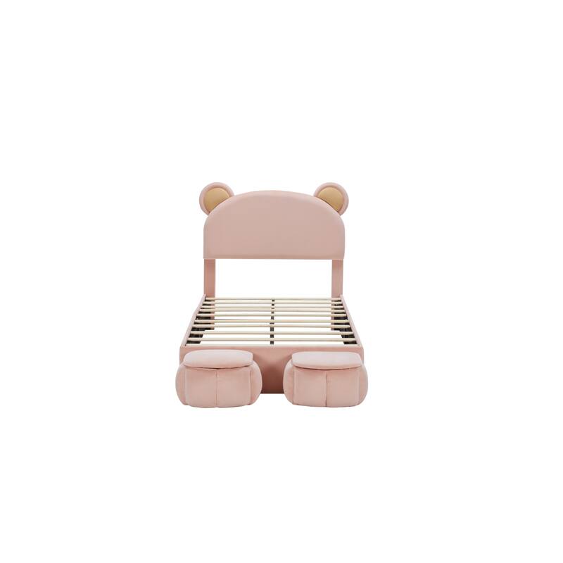 Twin Size Upholstered Platform Bed with Cartoon Bear Ears Headboard, No Box Spring Needed, Ideal for Kids and Teens Bedroom