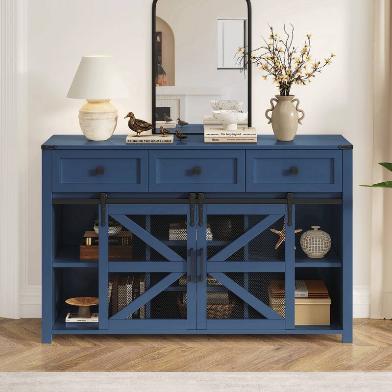 Sliding Barn Door Sideboard Buffet Cabinet with 3 Drawers, Adjustable Shelves - Blue