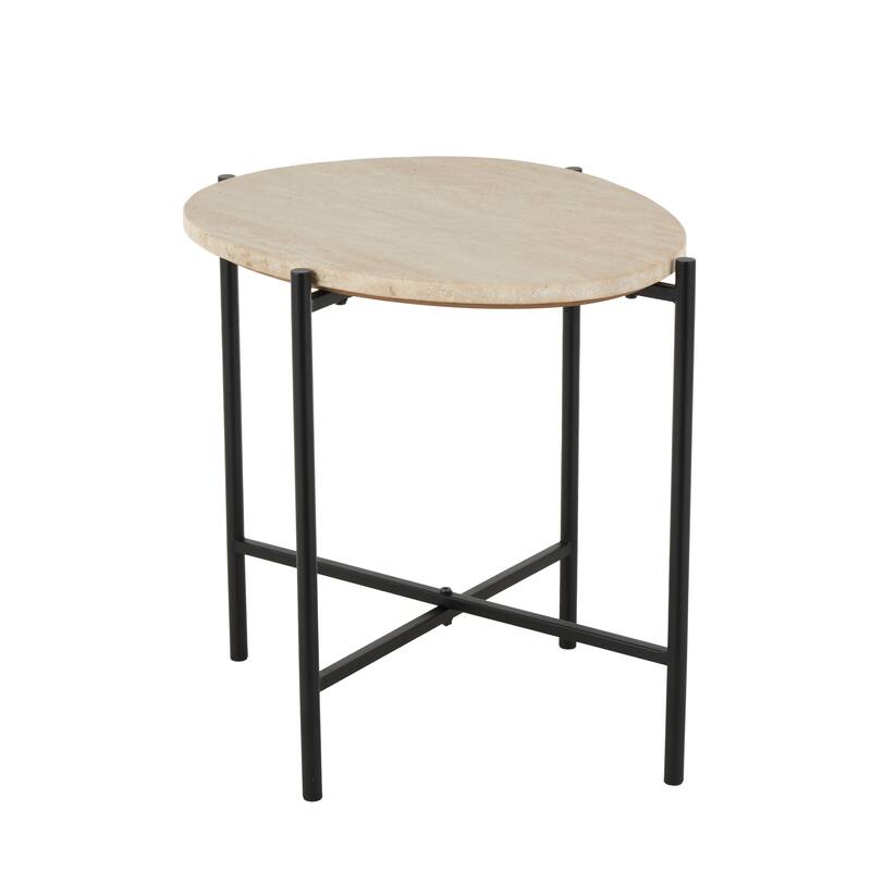 Marble Round Accent Table with Black Metal Support - Beige - Roche River Decor - 16"W x 19"L x 20"H