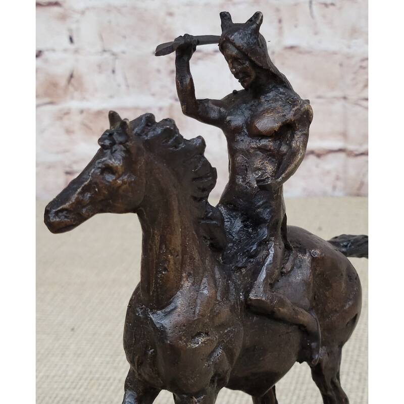 War Western Bronze Sculpture Native American Imitative Horseback Statue 9 Inches X 8 Inches