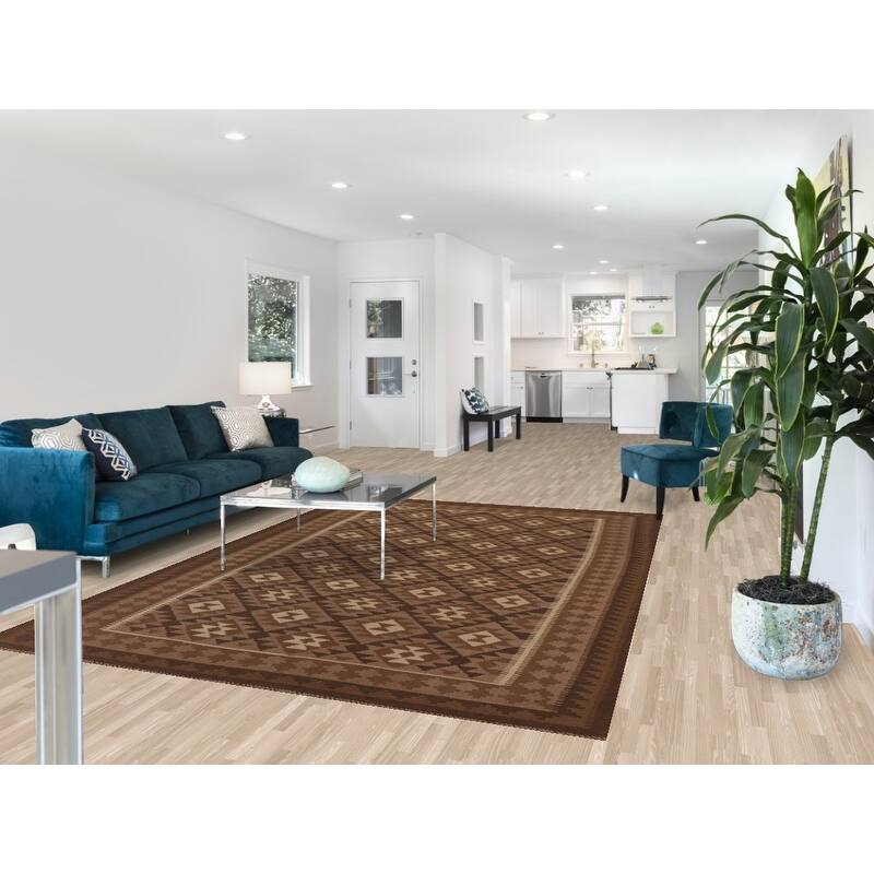 Hand Woven Oriental 100% Wool Carpet Southwestern Geometric Brown Kilim Area Rug - 9' 9'' X 6' 9''